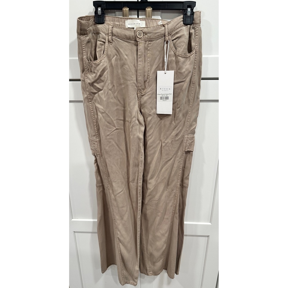 Risen Jeans Tencel Cargo Pants Tan Khaki Wide Leg Elastic Waist Womens Medium M
